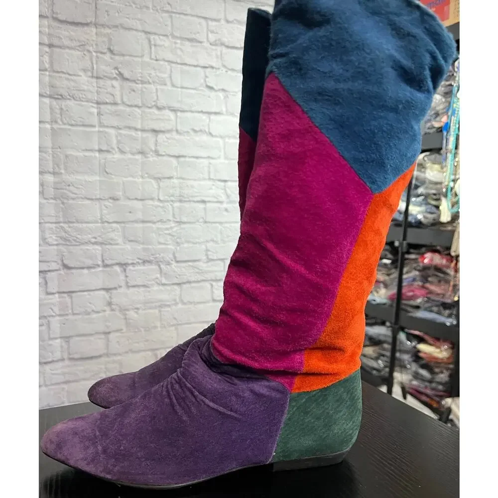 Amazing Vintage 80's Queen's Vibrant Suede Leather Colorblock Pointed Toe Boots